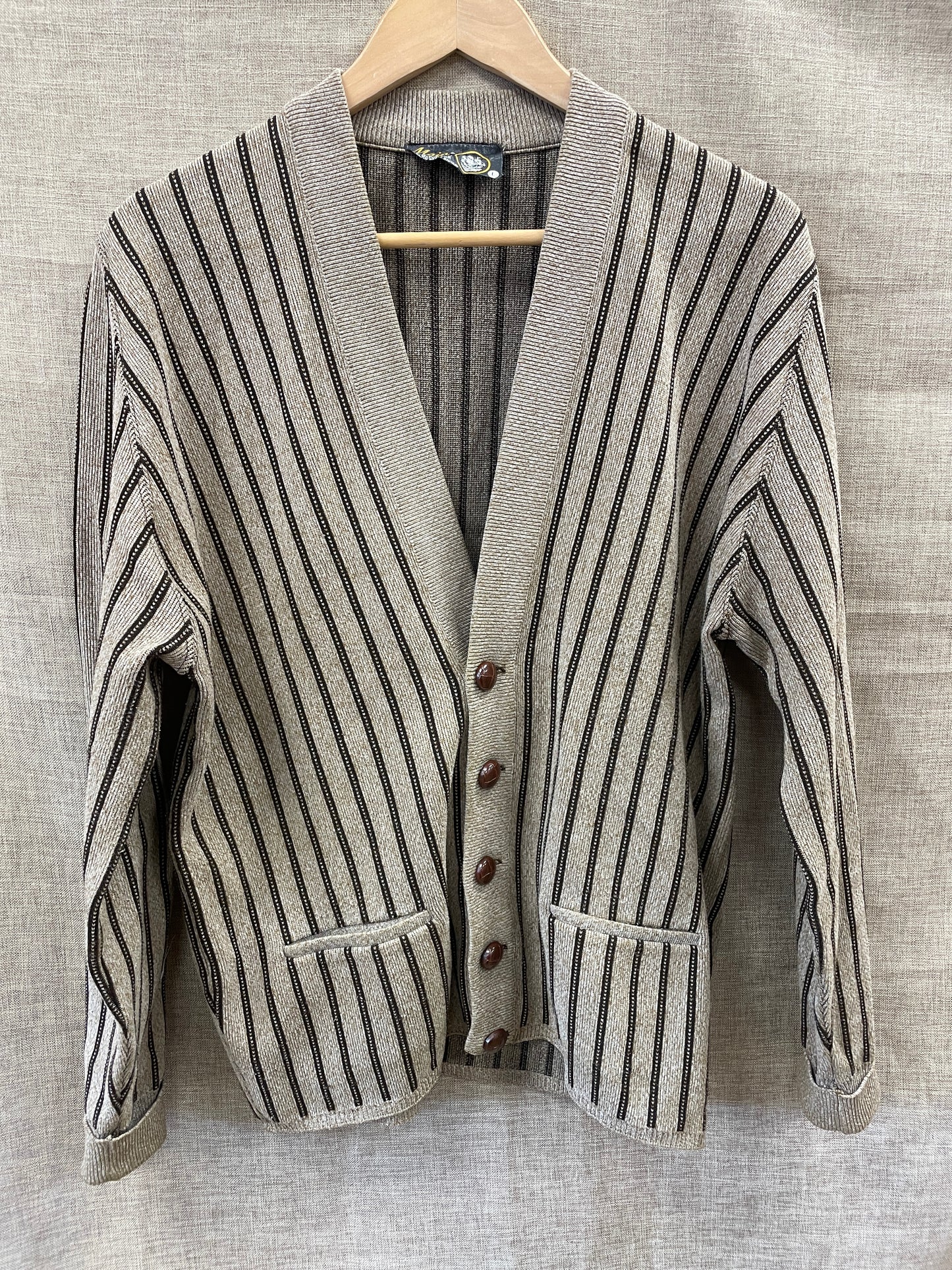 Vintage Main Stretch Beige & Brown Striped Cardigan Large