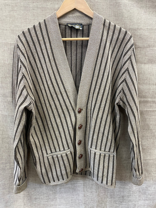 Vintage Main Stretch Beige & Brown Striped Cardigan Large