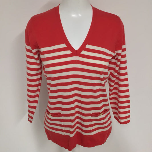 Lauren Ralph Lauren Red & White Striped V Neck Jumper 100% Cotton Size M