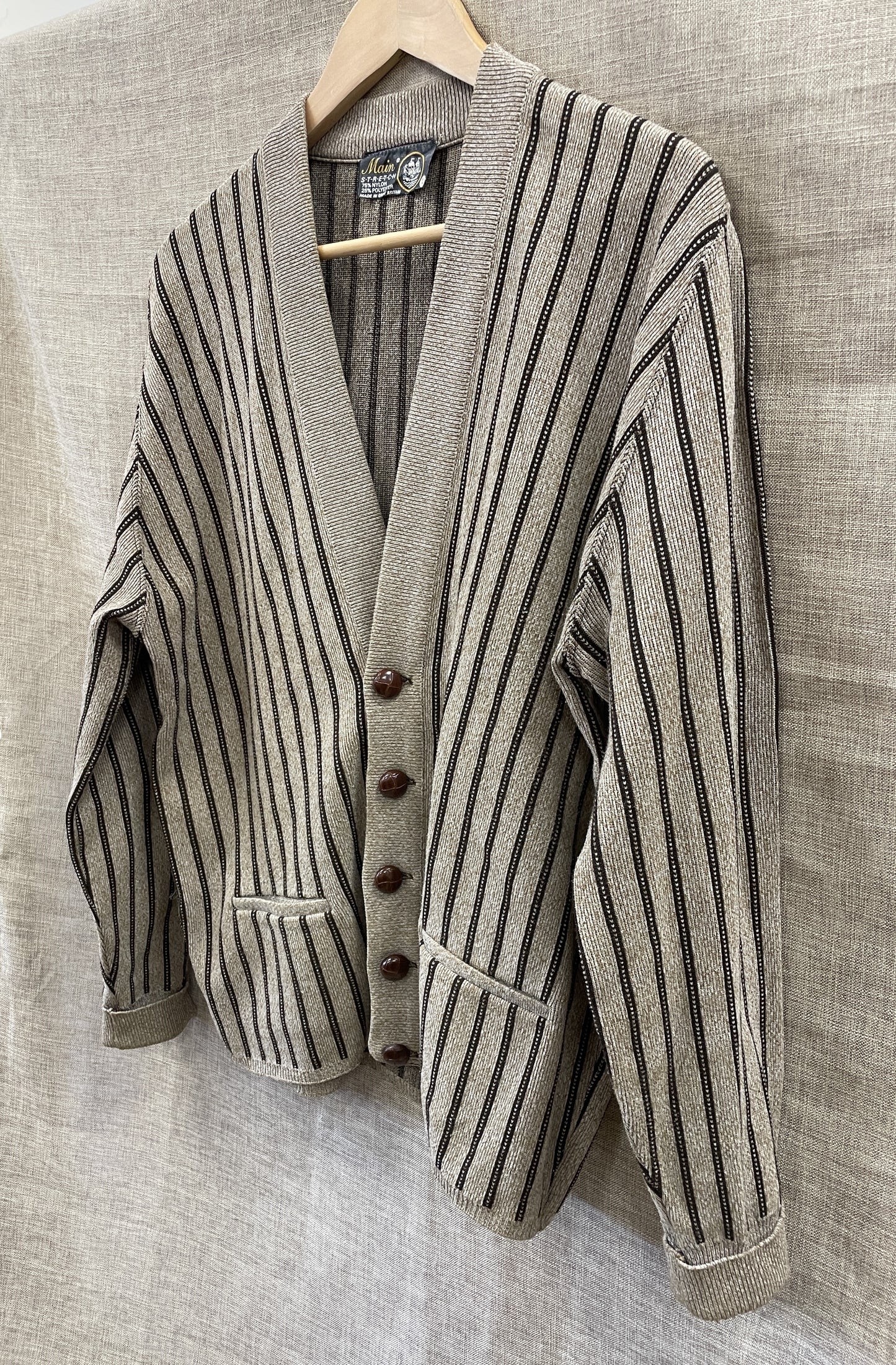 Vintage Main Stretch Beige & Brown Striped Cardigan Large