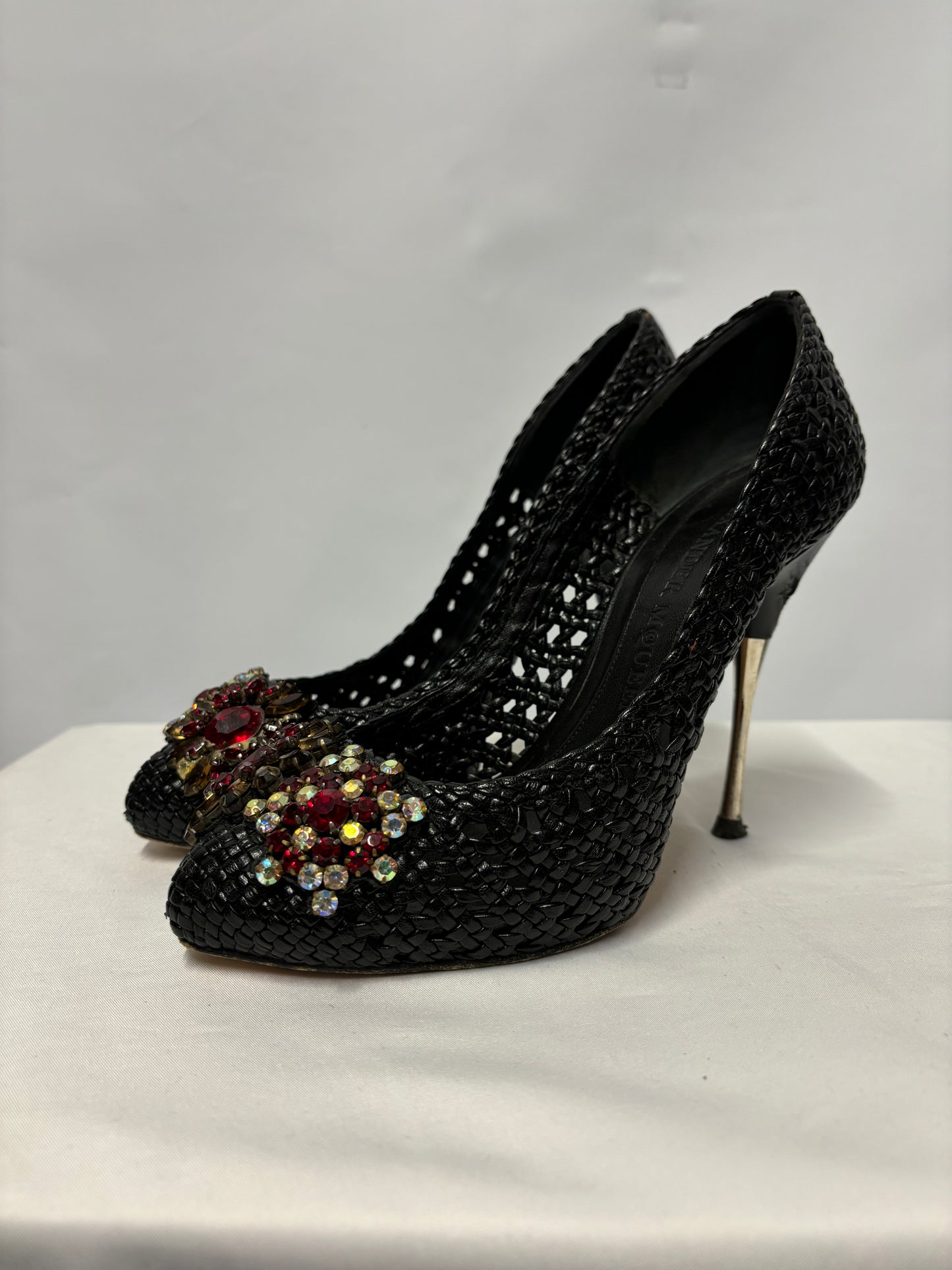 Alexander Mcqueen Black Leather Woven Stiletto Heels 3