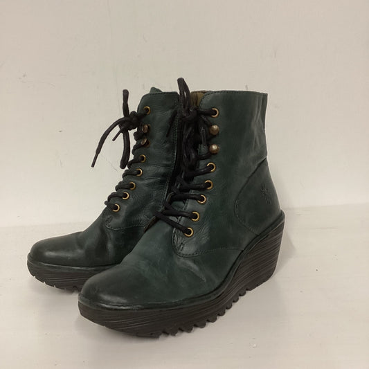 Fly London Green Leather Wedge Heeled Boots Size 39 (UK 6)