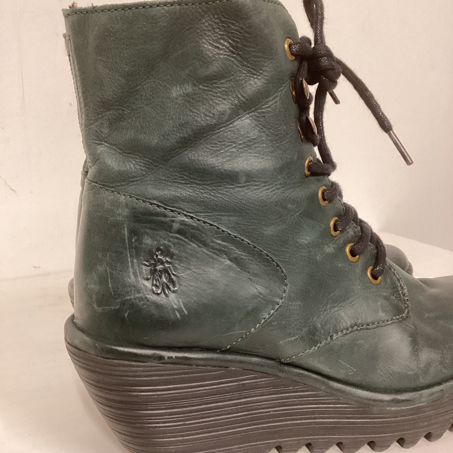 Fly London Green Leather Wedge Heeled Boots Size 39 (UK 6)