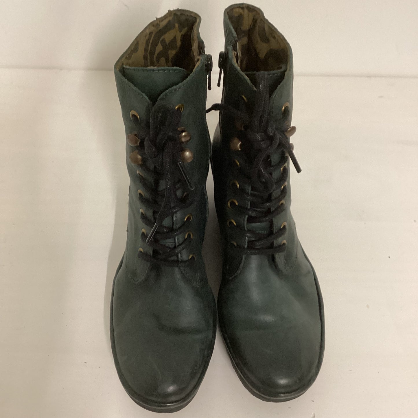 Fly London Green Leather Wedge Heeled Boots Size 39 (UK 6)