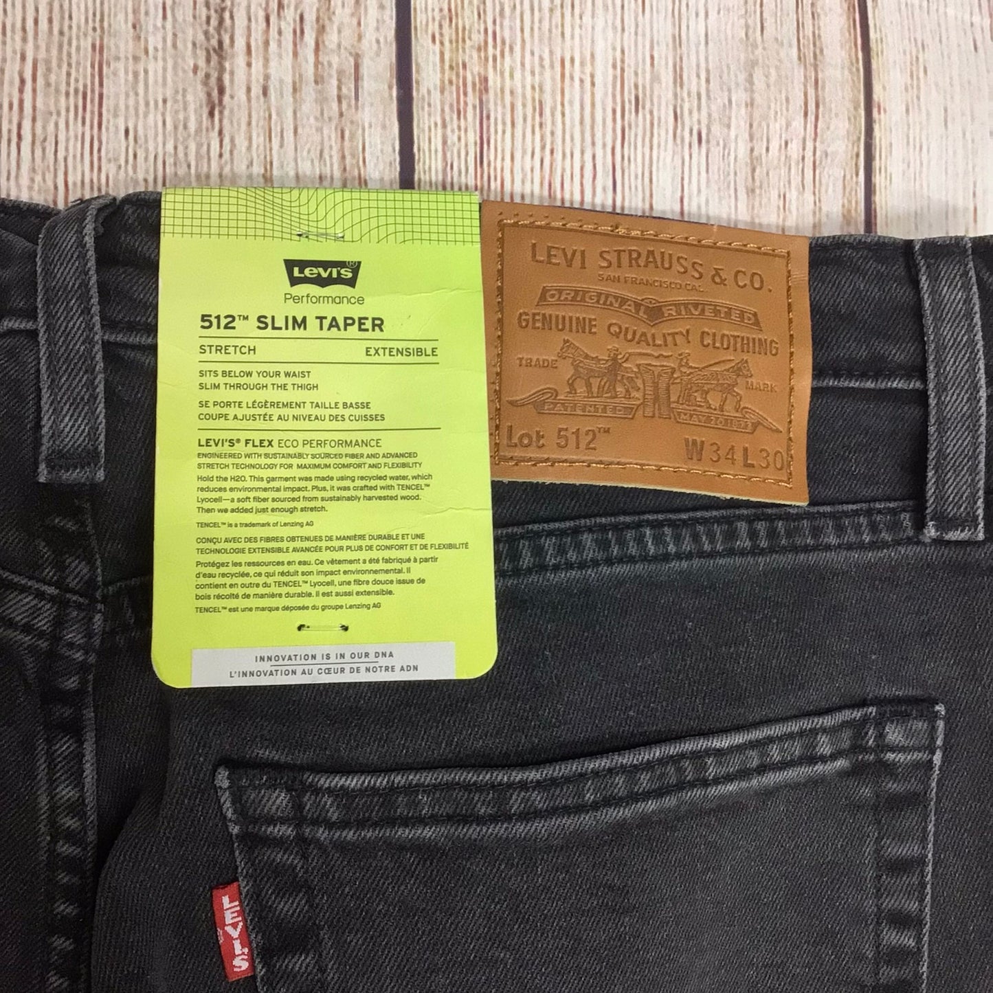 BNWT Levi's Dark Grey 512 Slim Taper Ripped Jeans Size W34 L30