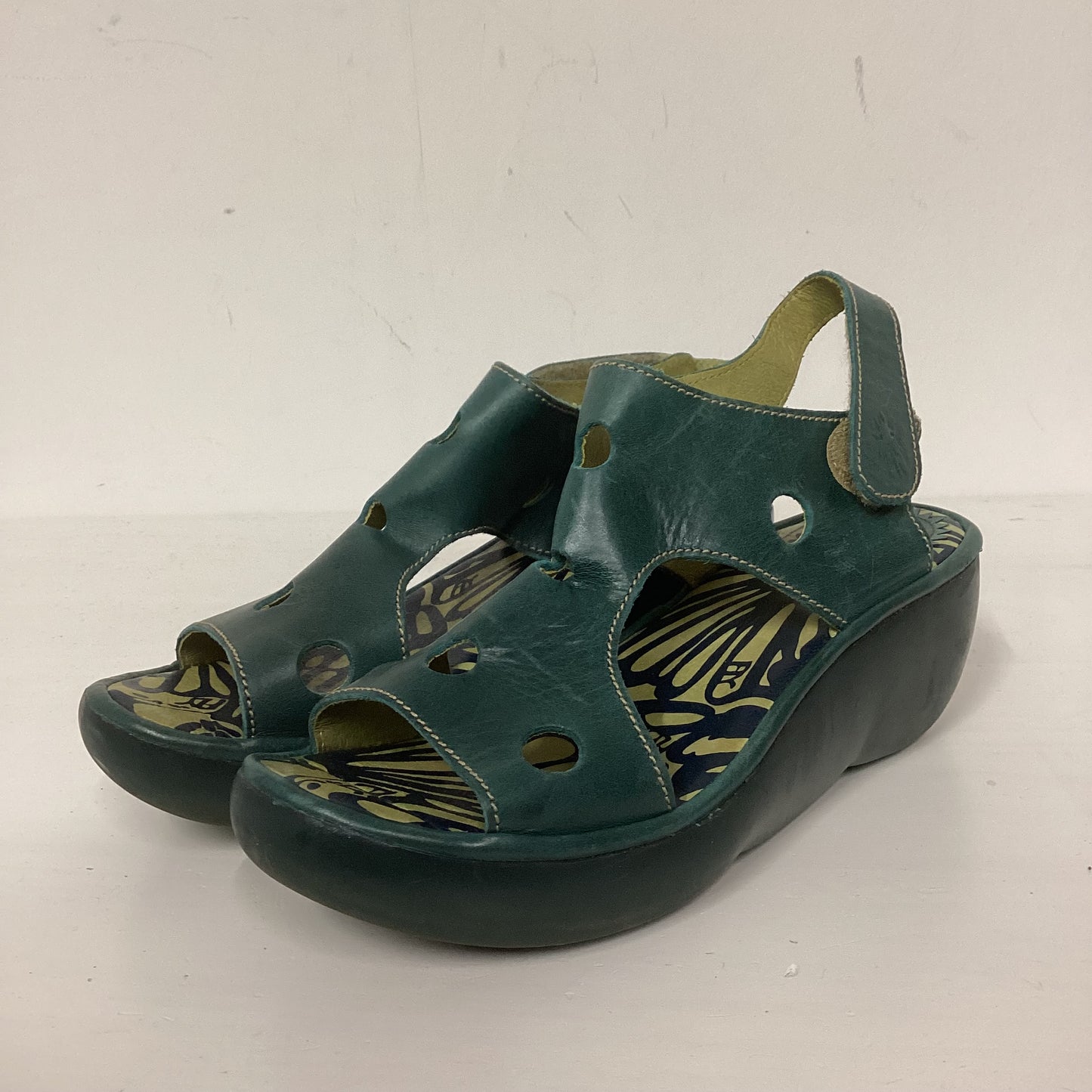 Fly London Green Leather Wedge Sandals Size 6 UK