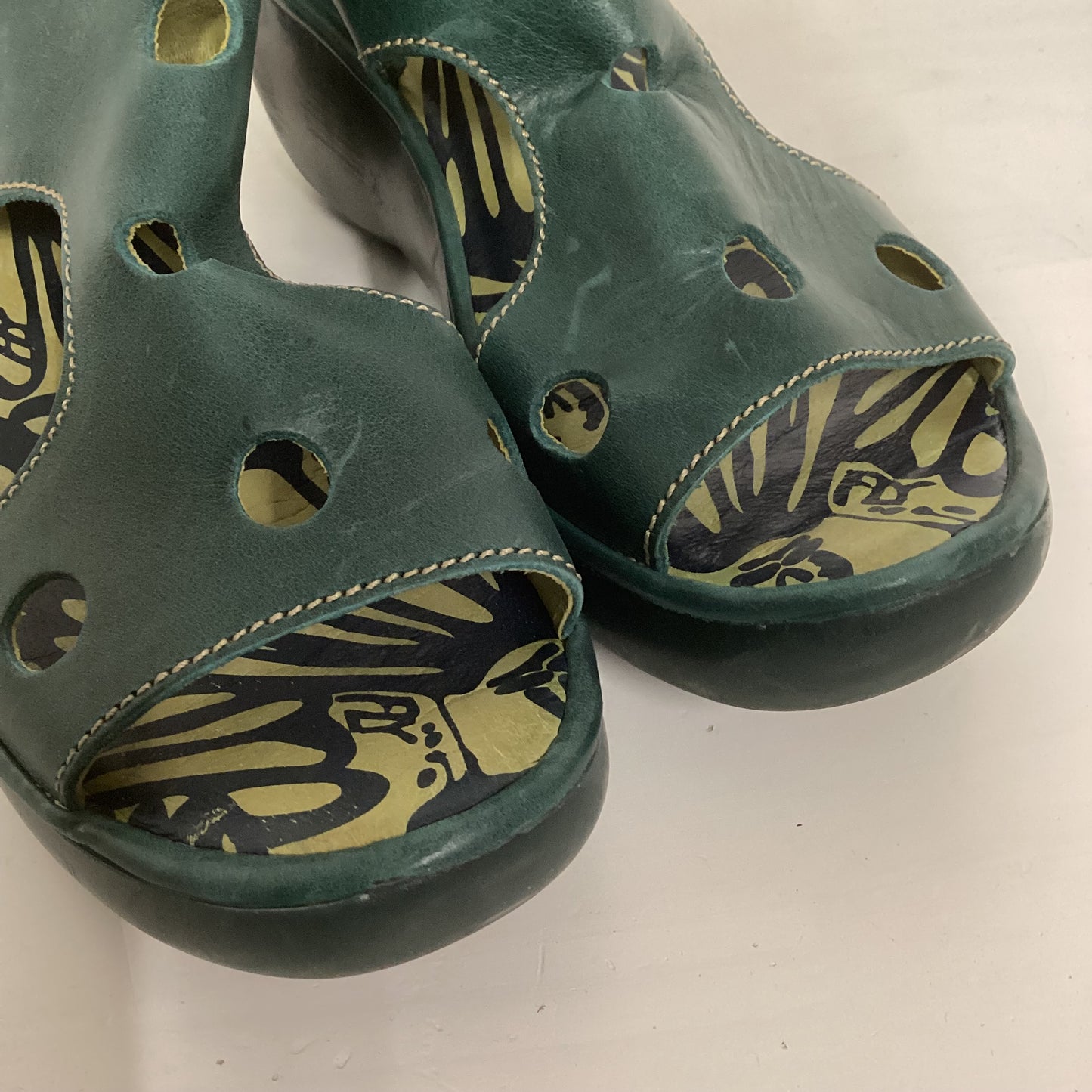 Fly London Green Leather Wedge Sandals Size 6 UK