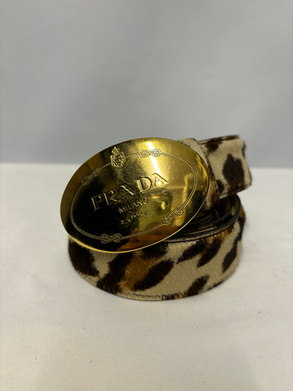 Prada Pony Hair and Oval Brass Buckle Cheetah Print Belt 34/85