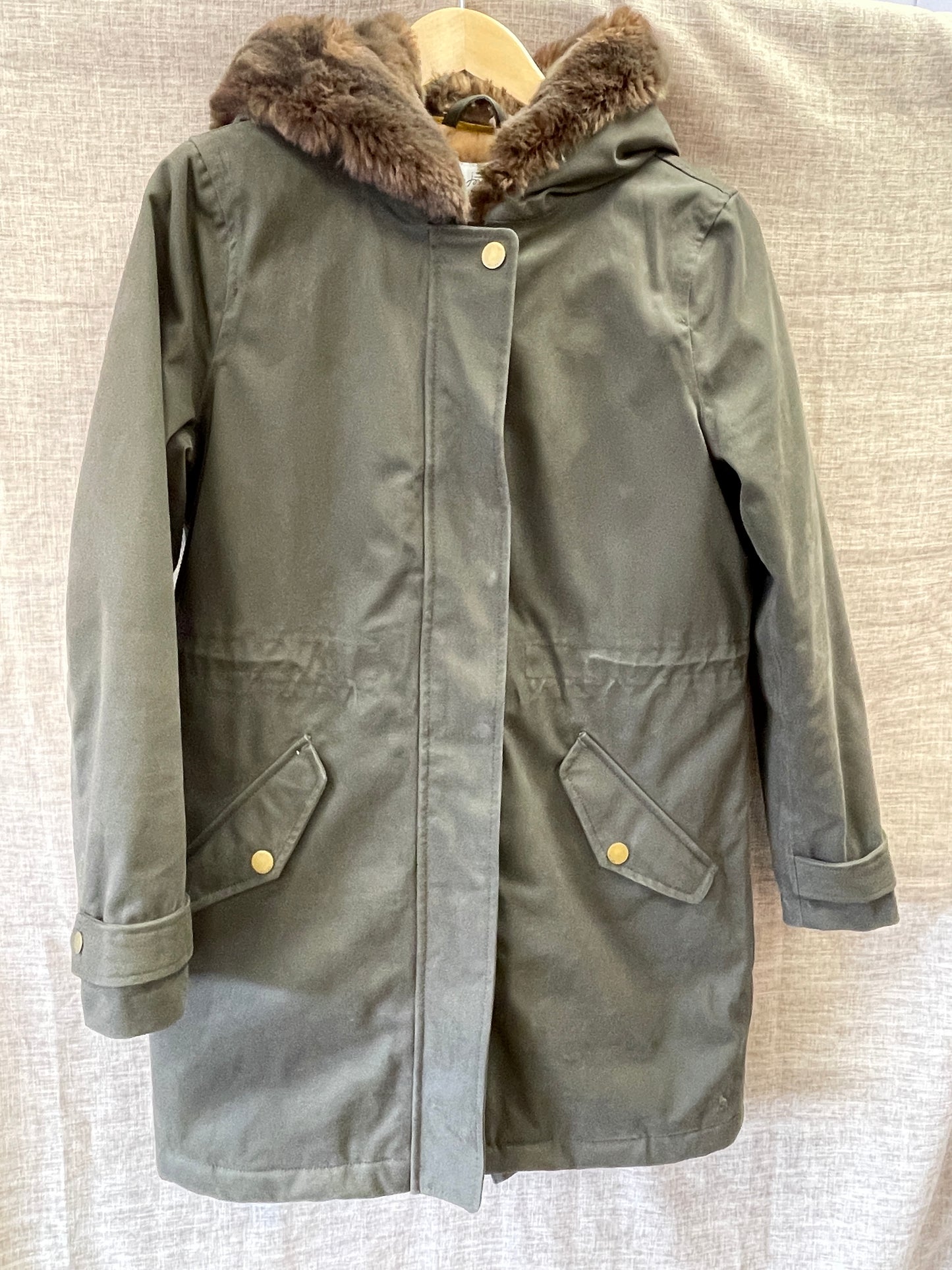 Joules Khaki Green Quilted Parka Jacket Coat with Hood Size 10