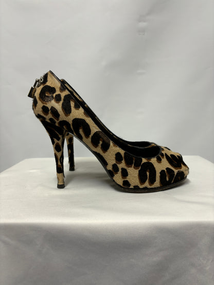 Louis Vuitton Pony Hair Leopard Print Peep Toe Heels 3.5