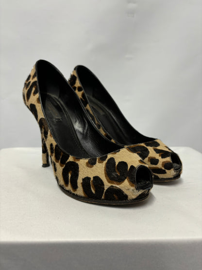 Louis Vuitton Pony Hair Leopard Print Peep Toe Heels 3.5