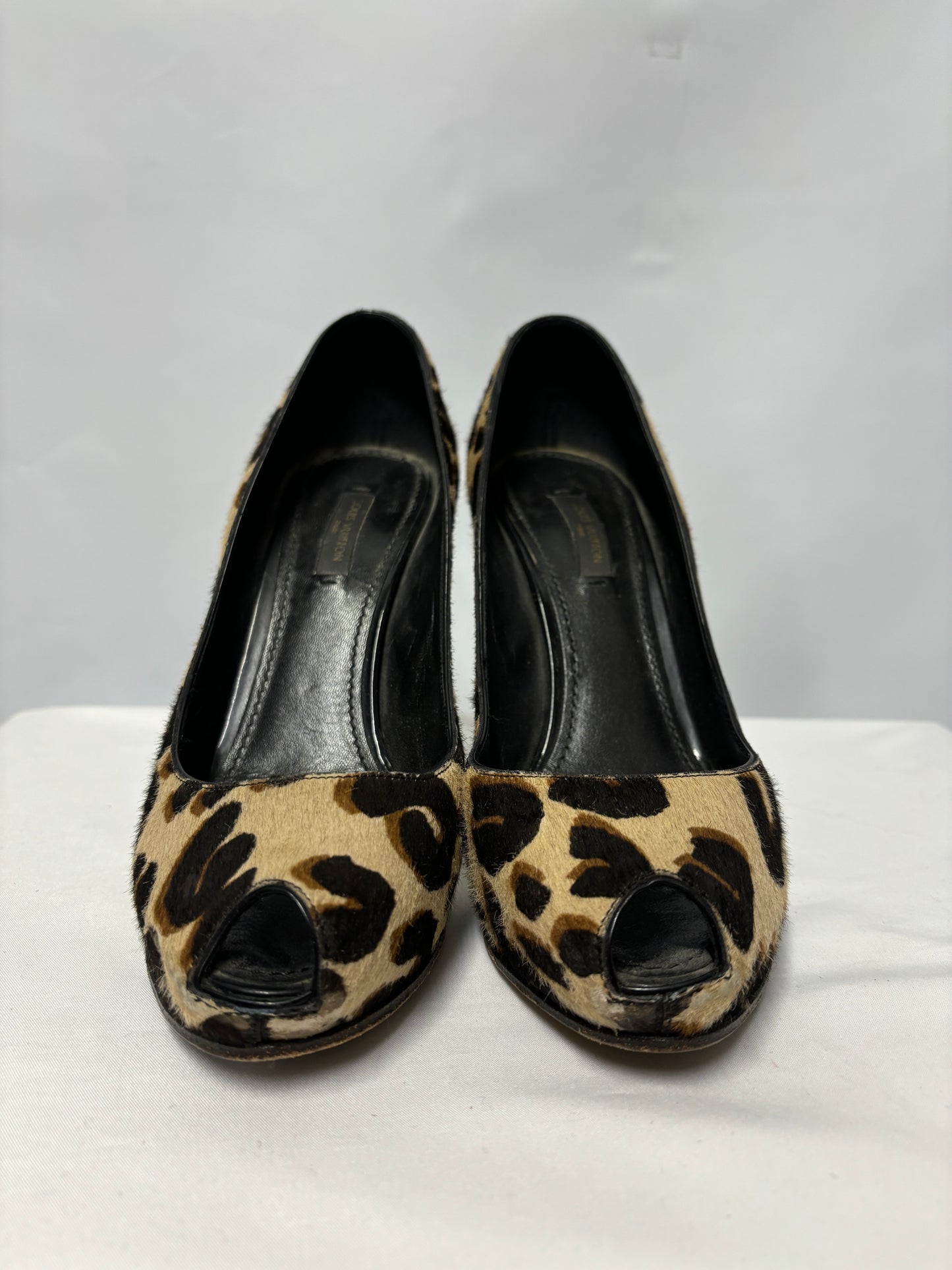 Louis Vuitton Pony Hair Leopard Print Peep Toe Heels 3.5