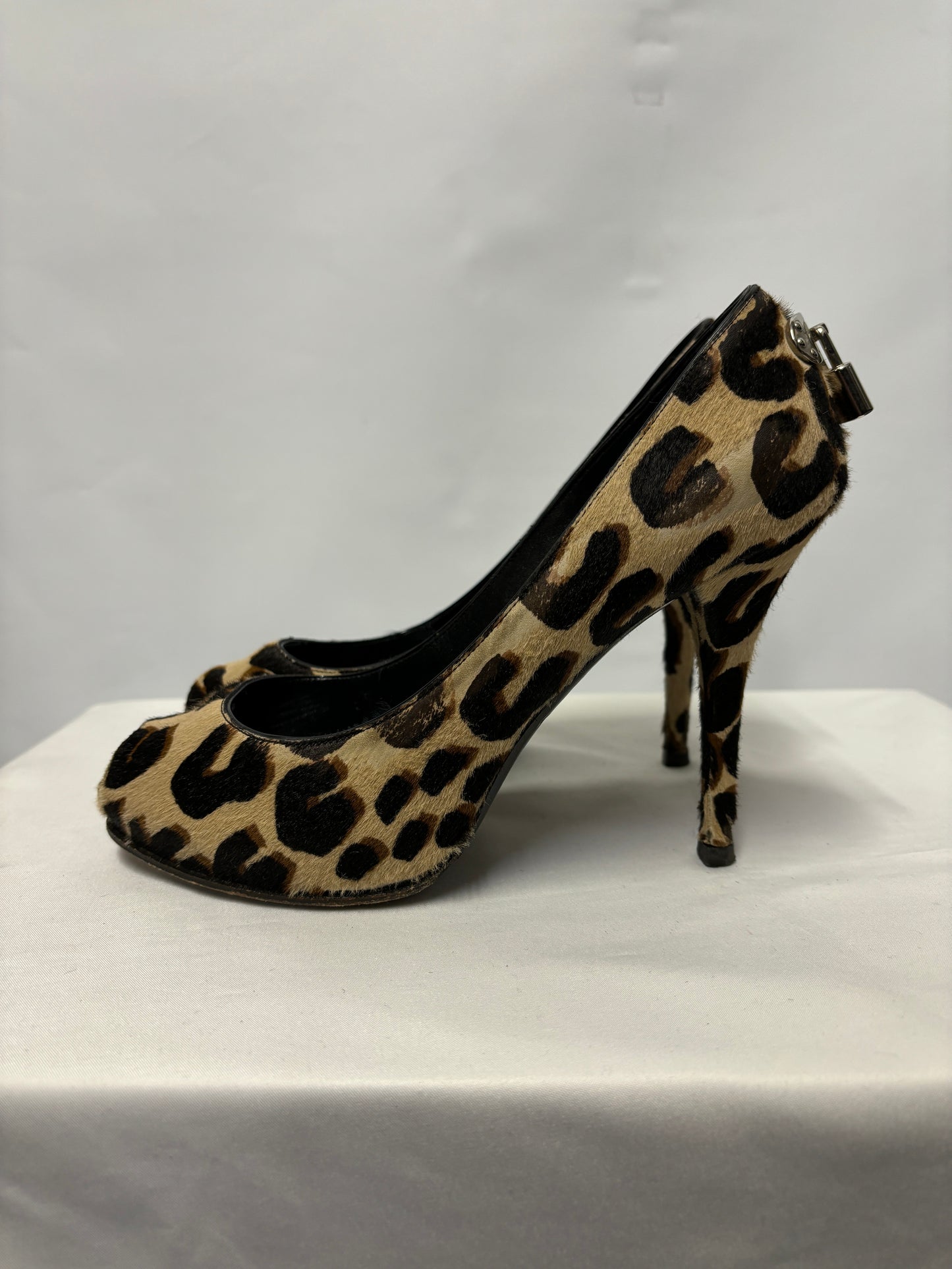 Louis Vuitton Pony Hair Leopard Print Peep Toe Heels 3.5