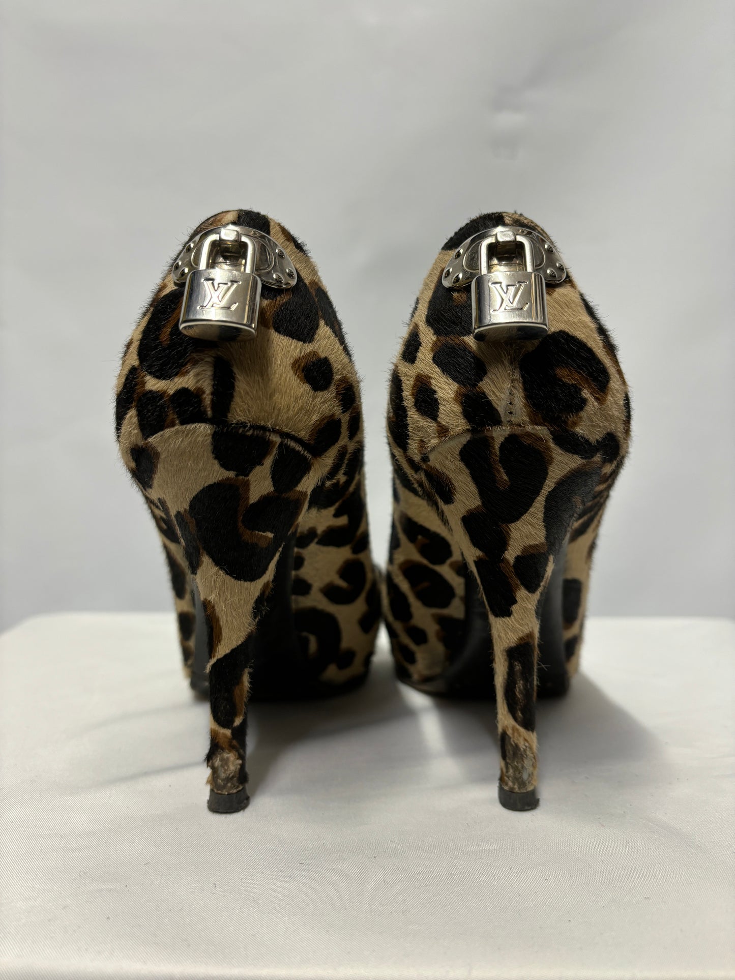 Louis Vuitton Pony Hair Leopard Print Peep Toe Heels 3.5