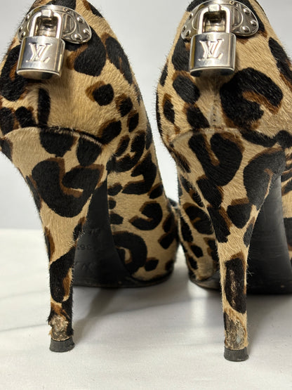 Louis Vuitton Pony Hair Leopard Print Peep Toe Heels 3.5