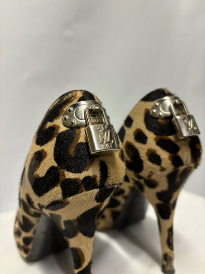 Louis Vuitton Pony Hair Leopard Print Peep Toe Heels 3.5