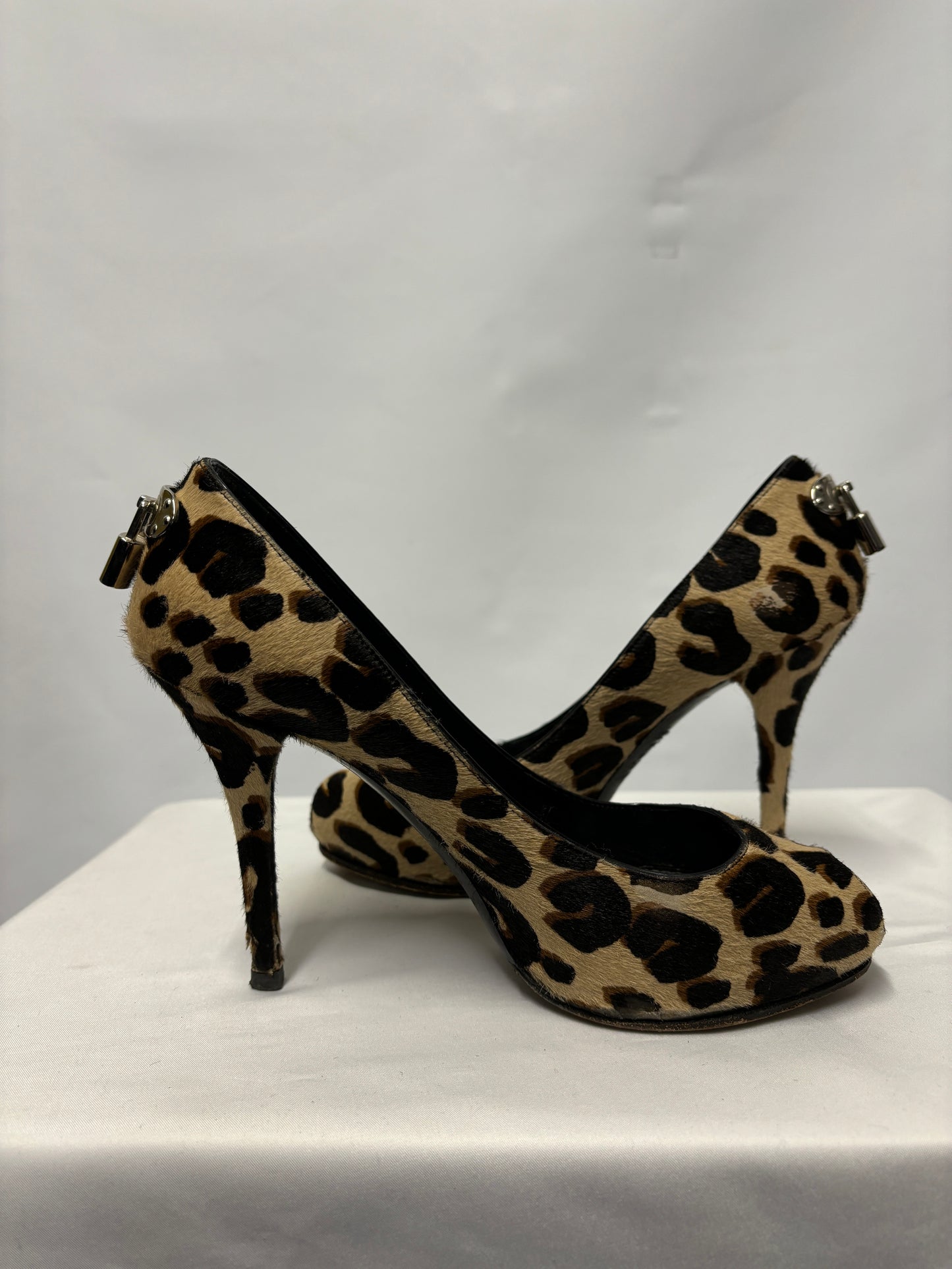 Louis Vuitton Pony Hair Leopard Print Peep Toe Heels 3.5