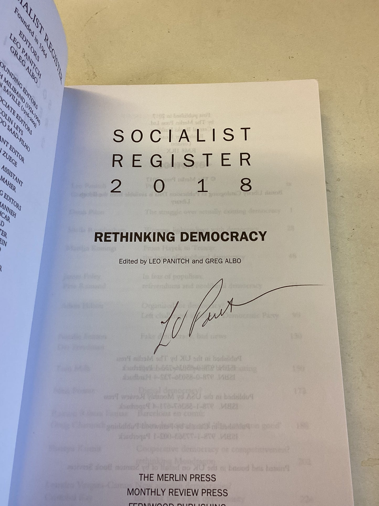 Rethinking Democracy Socialist Register 2018 SIgned by Leo Panitch