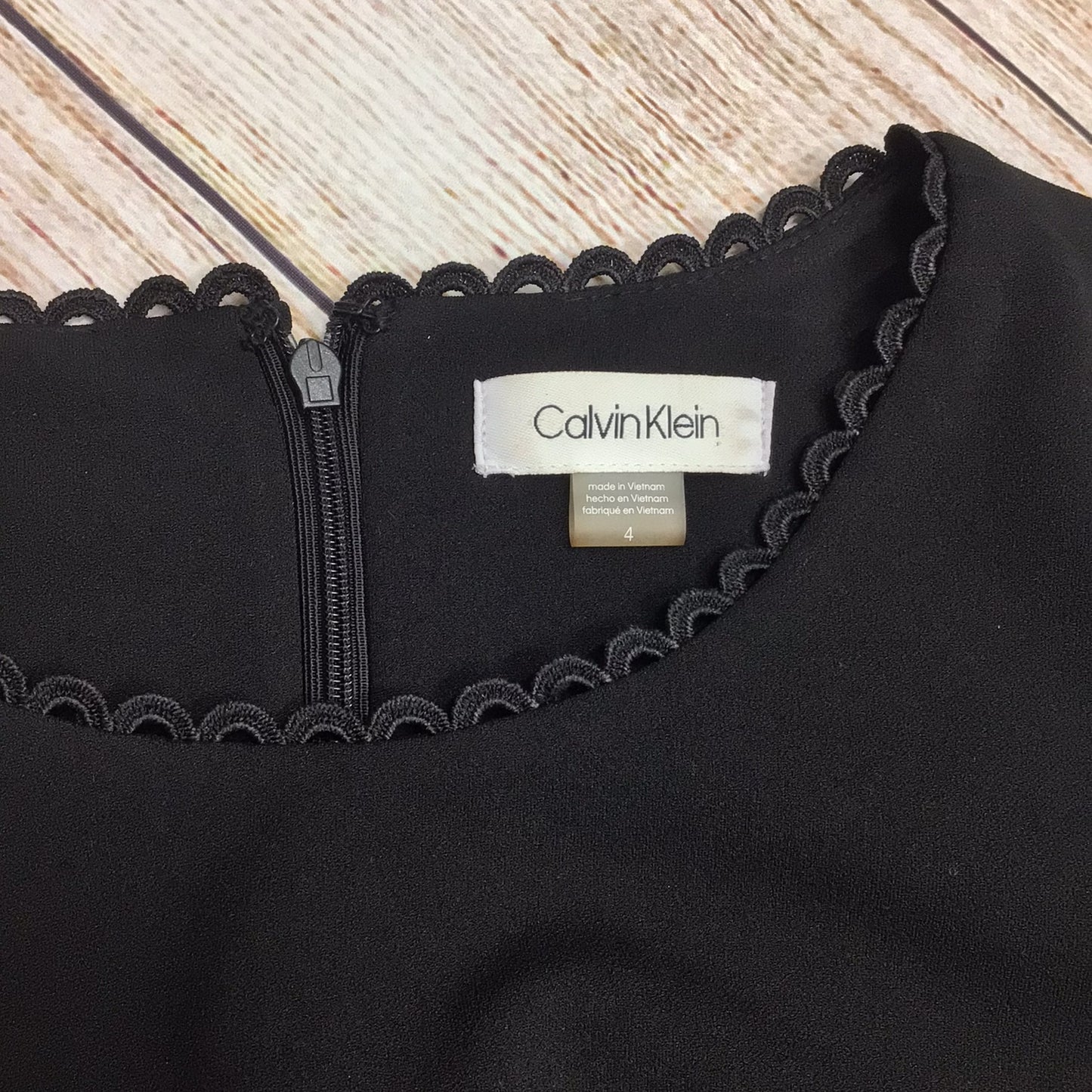 Calvin Klein Black Mini Dress w/Scallop Embroidered Detail Size 8 (4 on label)