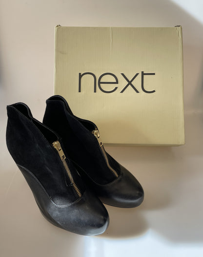 Next New in Box Black Leather & Suede High Heeled Ankle Boots UK 6