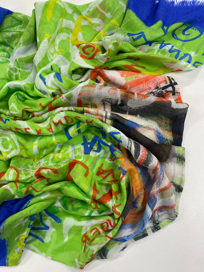 Alexander McQueen Blue and Green Graffiti Silk Scarf