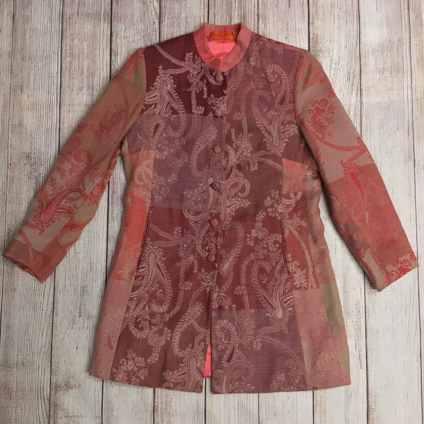 Moksha Pink Paisley Patterned 100% Wool Tapestry Patchwork Blazer Jacket Size S