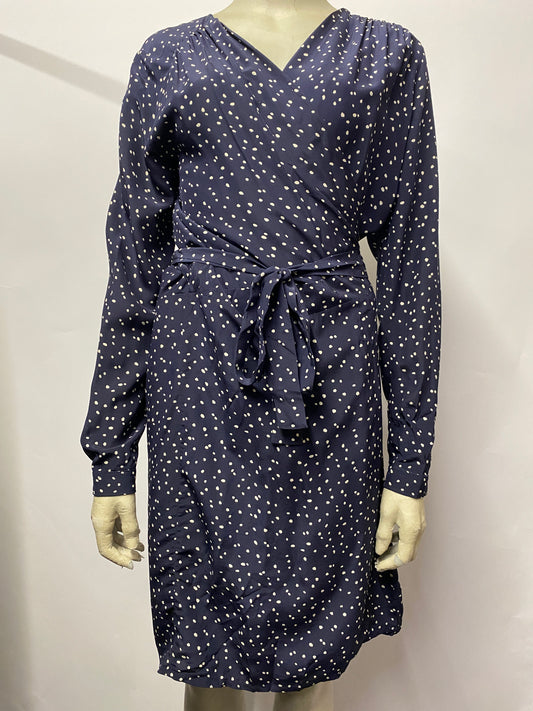 Hartford Navy Silk Polka Dot Long Sleeve Wrap Dress Medium