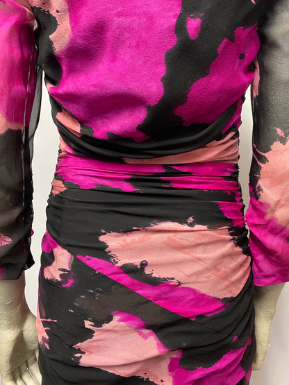 Diane Von Furstenberg Pink and Black Silk Ruched Mini Dress 10