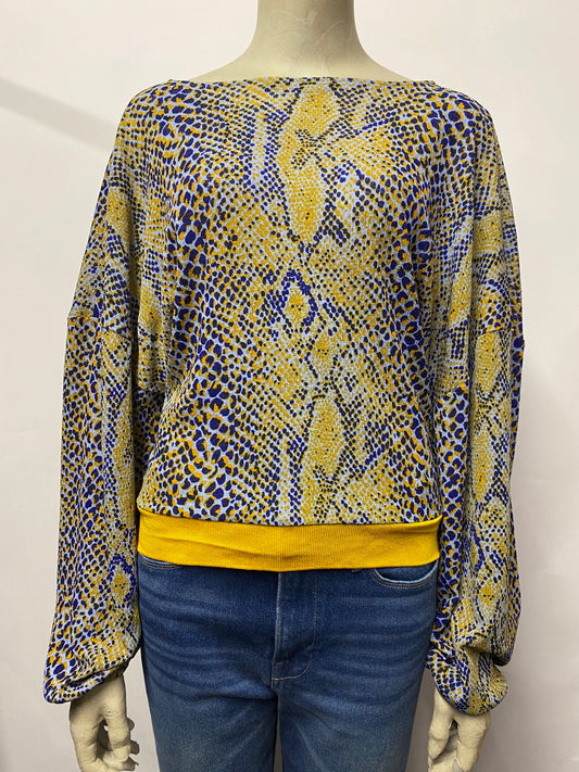 Zara Blue and Yellow Stretch Fine Knit Zip Cardigan Small