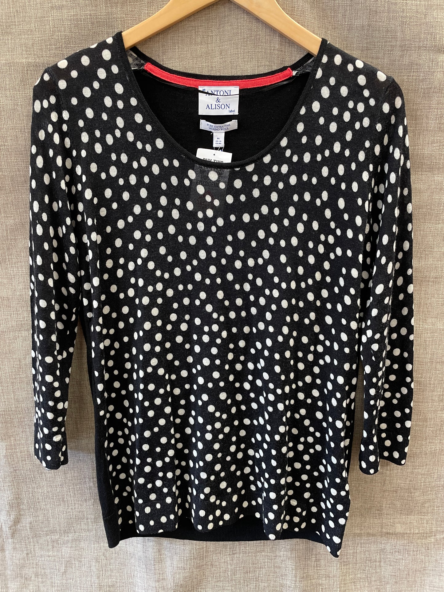 Antoni & Alison New with Tags Black Cream Spot Pure Merino Wool Jumper X Large