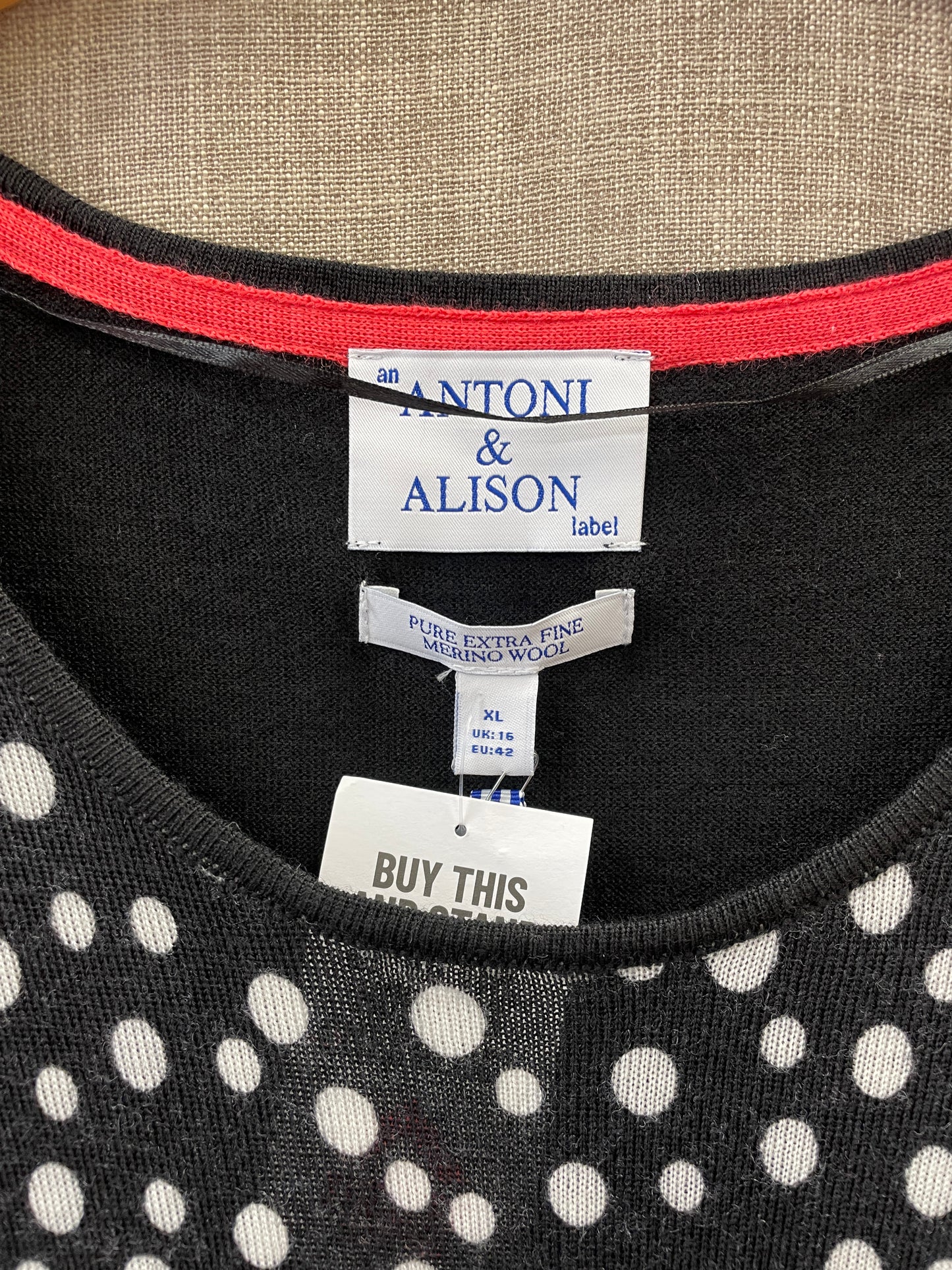 Antoni & Alison New with Tags Black Cream Spot Pure Merino Wool Jumper X Large