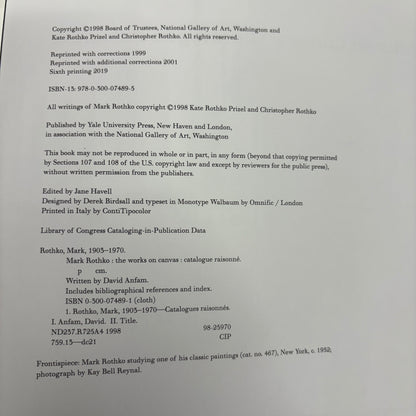 Mark Rothko The Works on Canvas, David Anfam, Yale, National Gallery Of Art Washington, Sixth Edition 2019