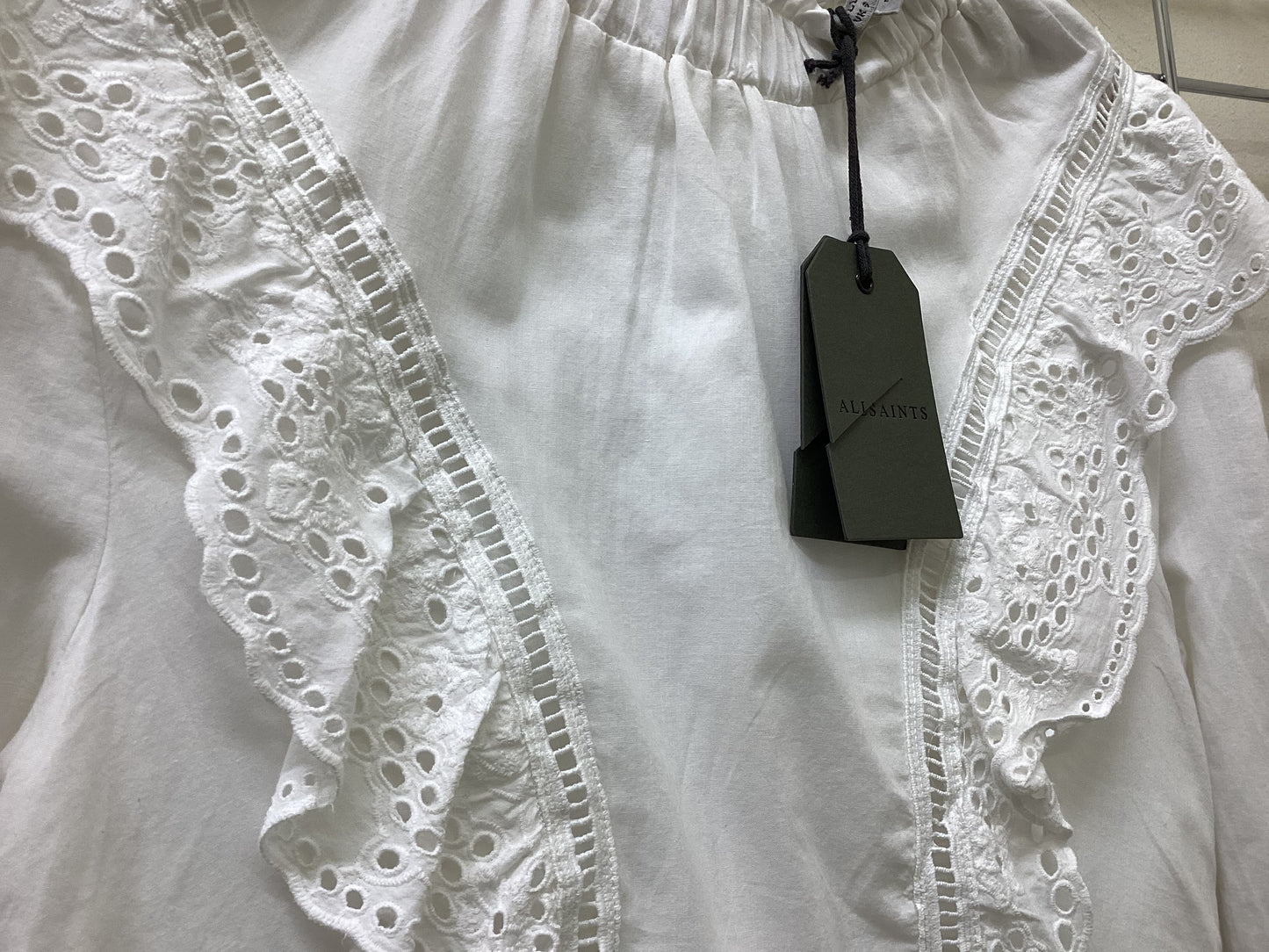 AllSaints Aislyn Broderie Anglaise Eyelet Ruffle Mini Dress – Chalk White – Size 6 – BNWT