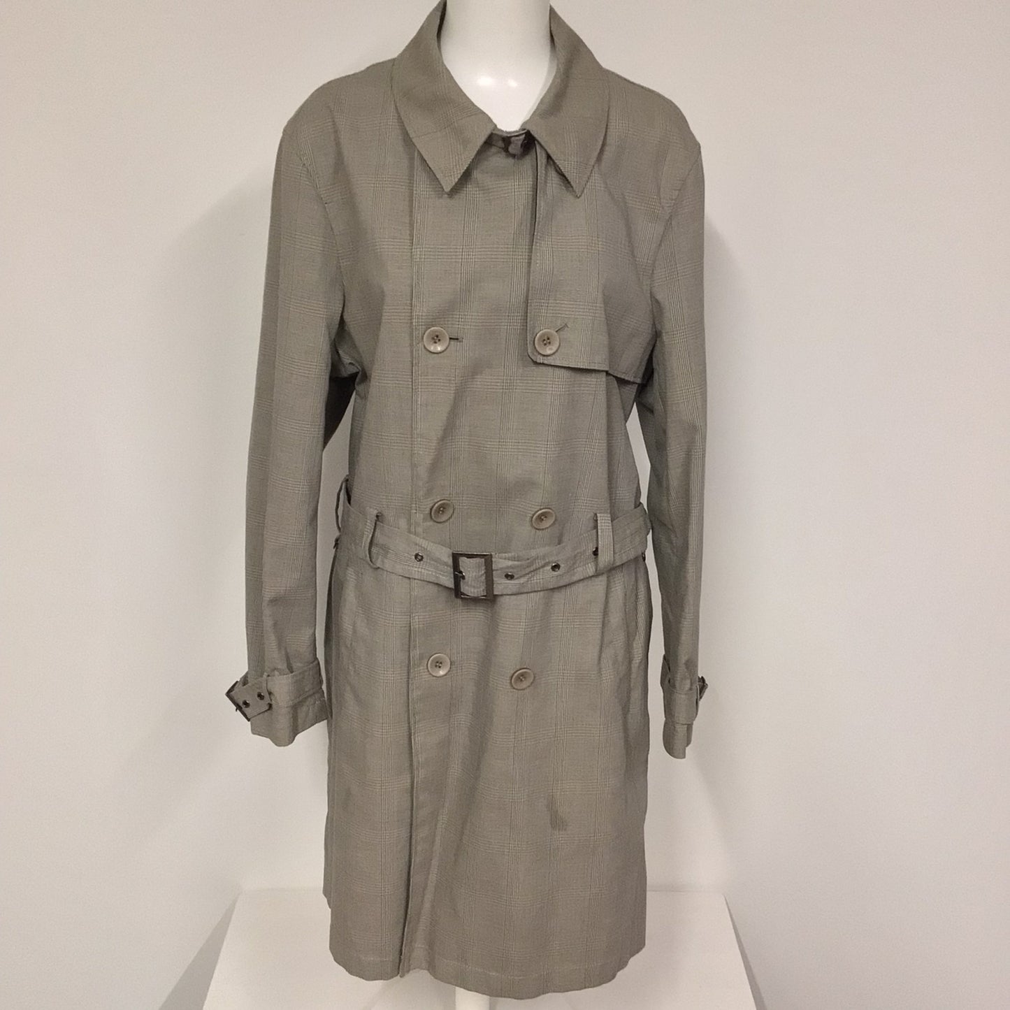 Pierre Cardin Taupe Check Print 100% Cotton Trench Coat w/Belt Size L