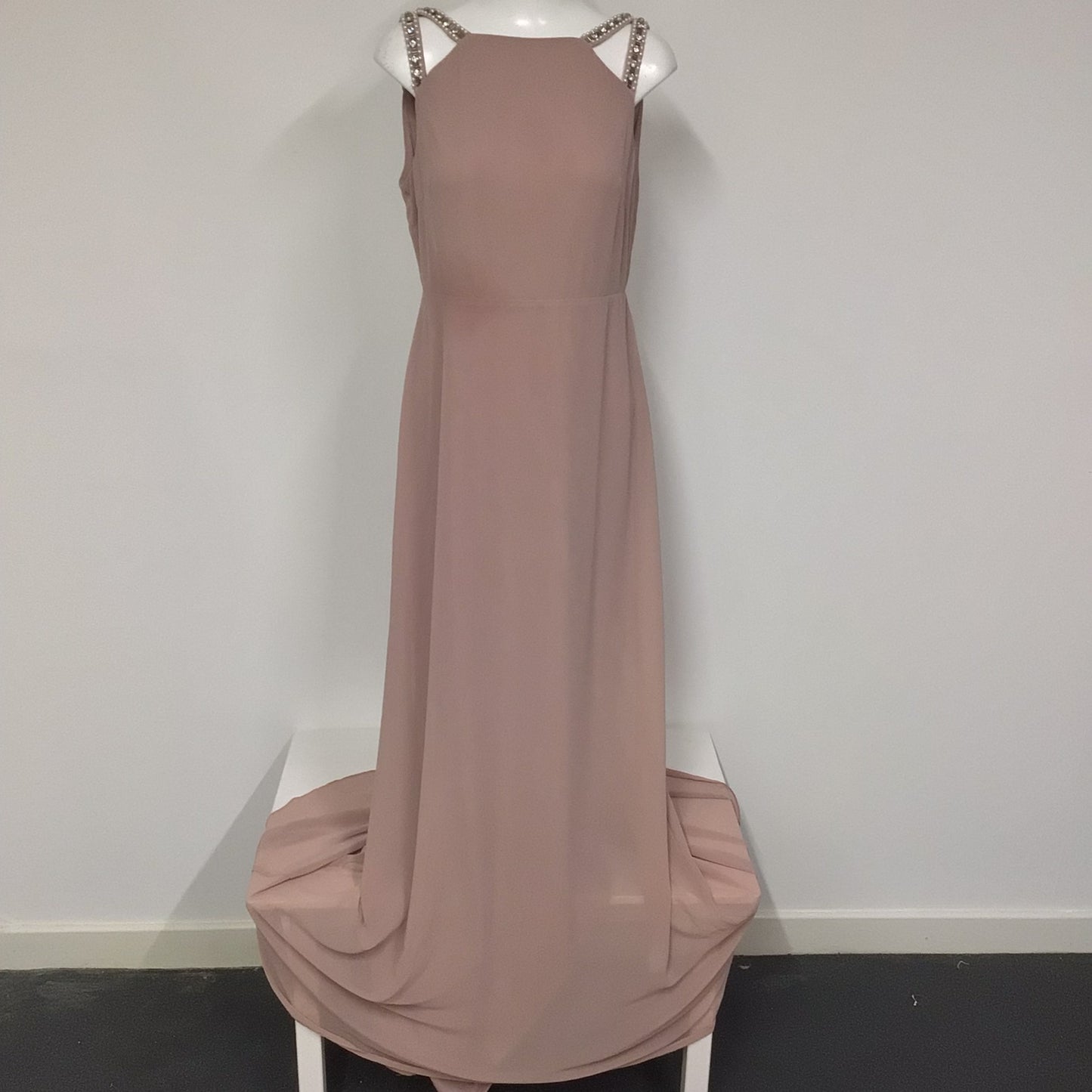 BNWT TFNC Riva Mauve Pink Maxi Backless Dip Hem Prom Dress Size 14