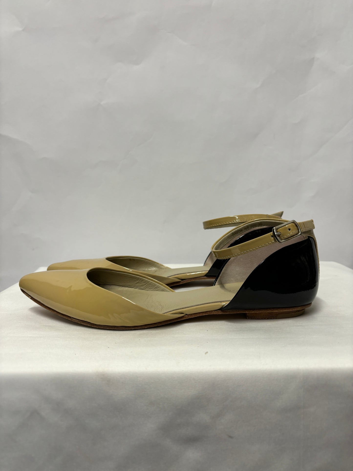 Boden Light Brown & Blue Patent Leather Flats With Ankle Buckle 3