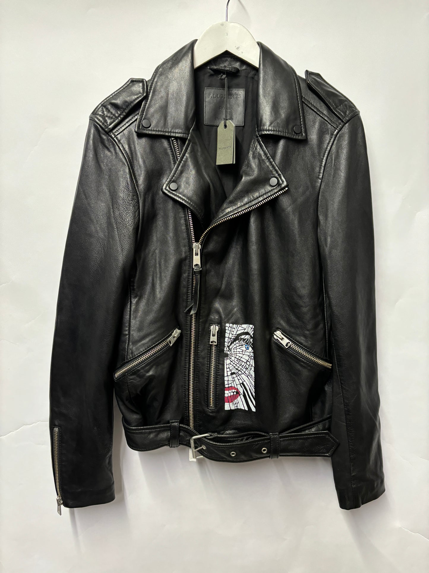 All Saints Black Kahawa Sheep Leather Painted Biker Jacket S