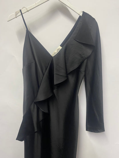 Diane Von Furstenberg Black Satin Asymmetric Sleeve Ruffle Occasion Dress 10UK