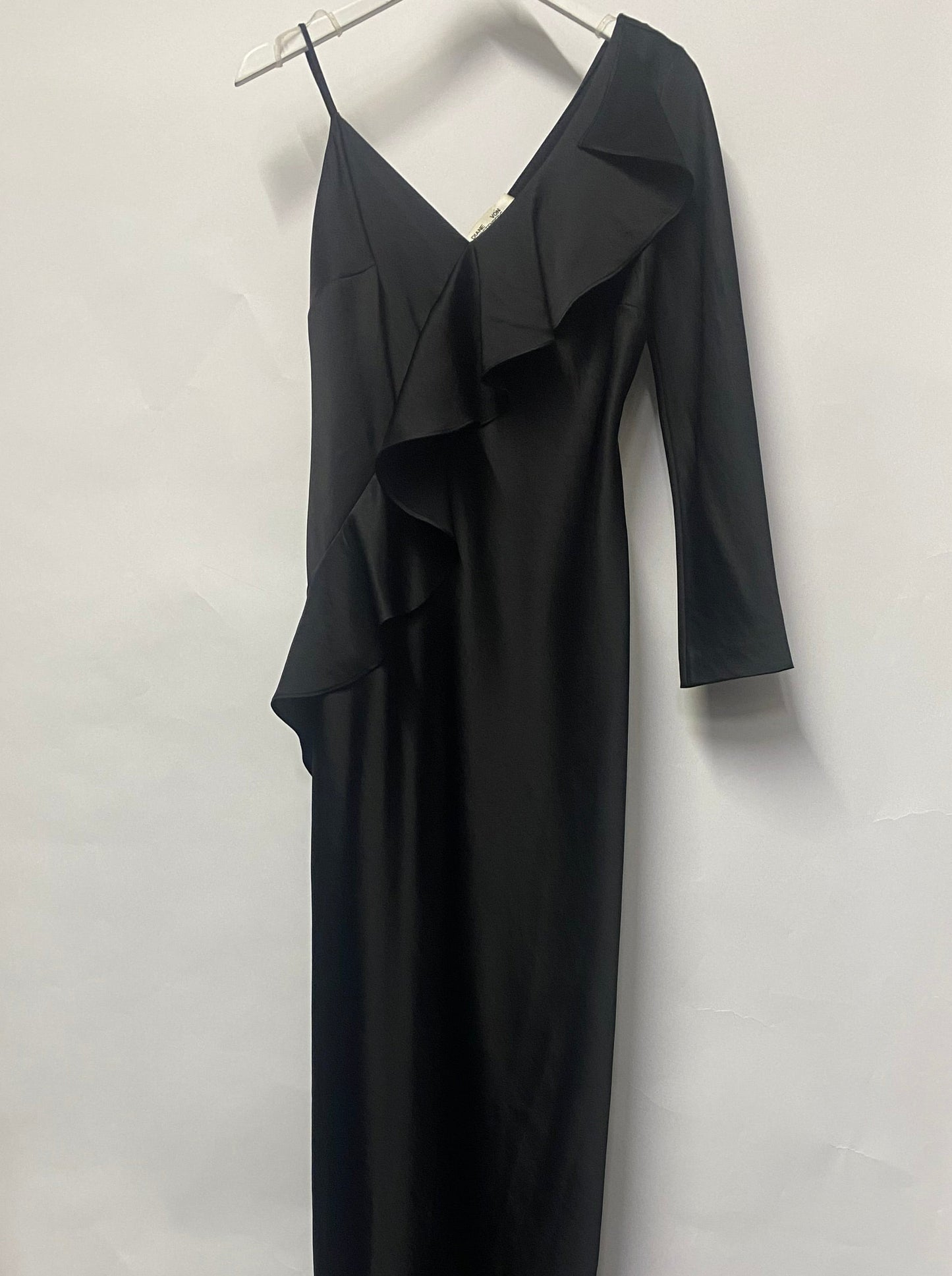 Diane Von Furstenberg Black Satin Asymmetric Sleeve Ruffle Occasion Dress 10UK