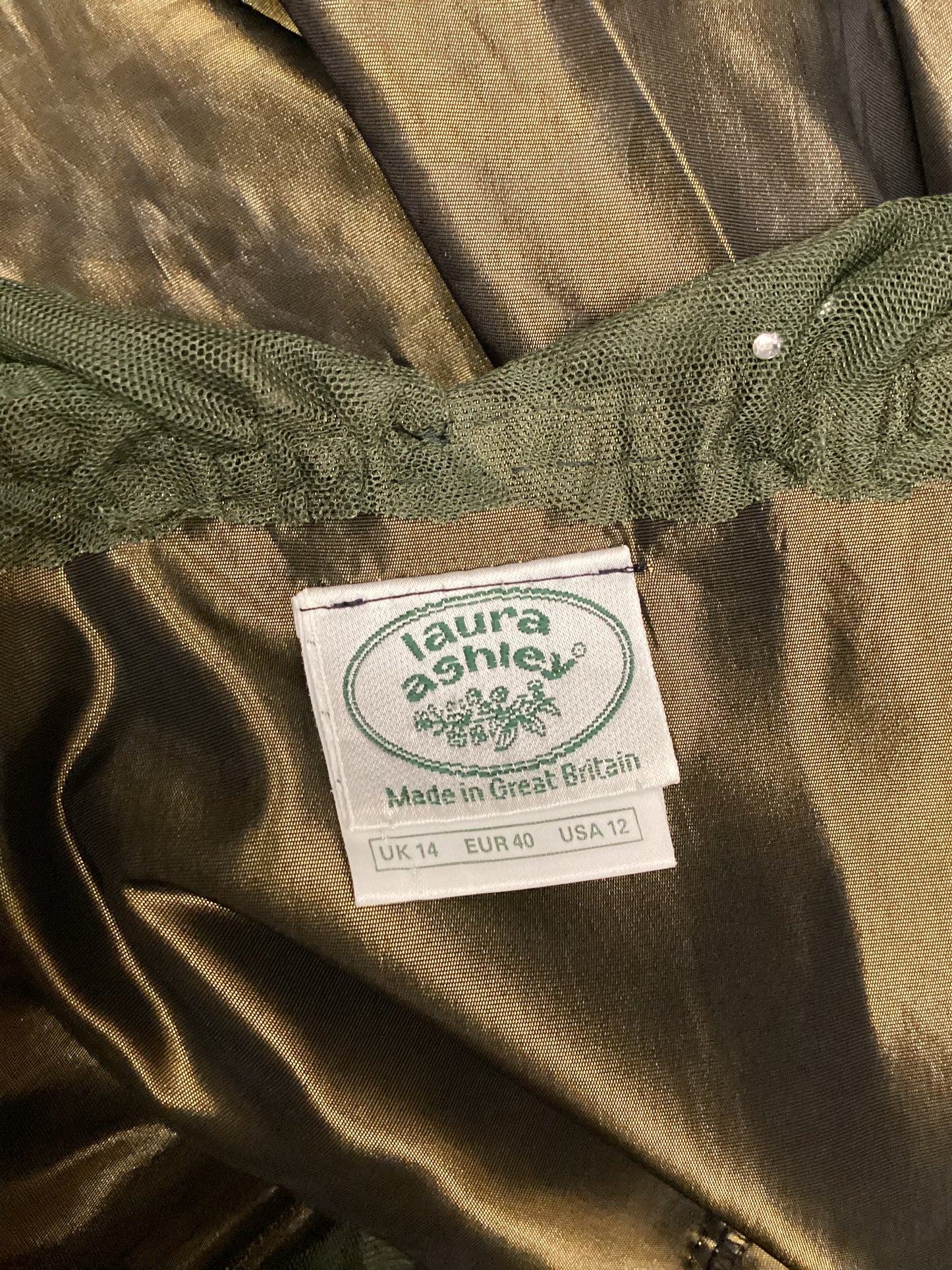 Vintage Laura Ashley Green Gold Dress Size 14