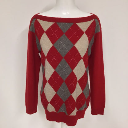 Banana Republic Red Boat Neck Jumper w/Diamond Pattern 100% Cashmere Size L