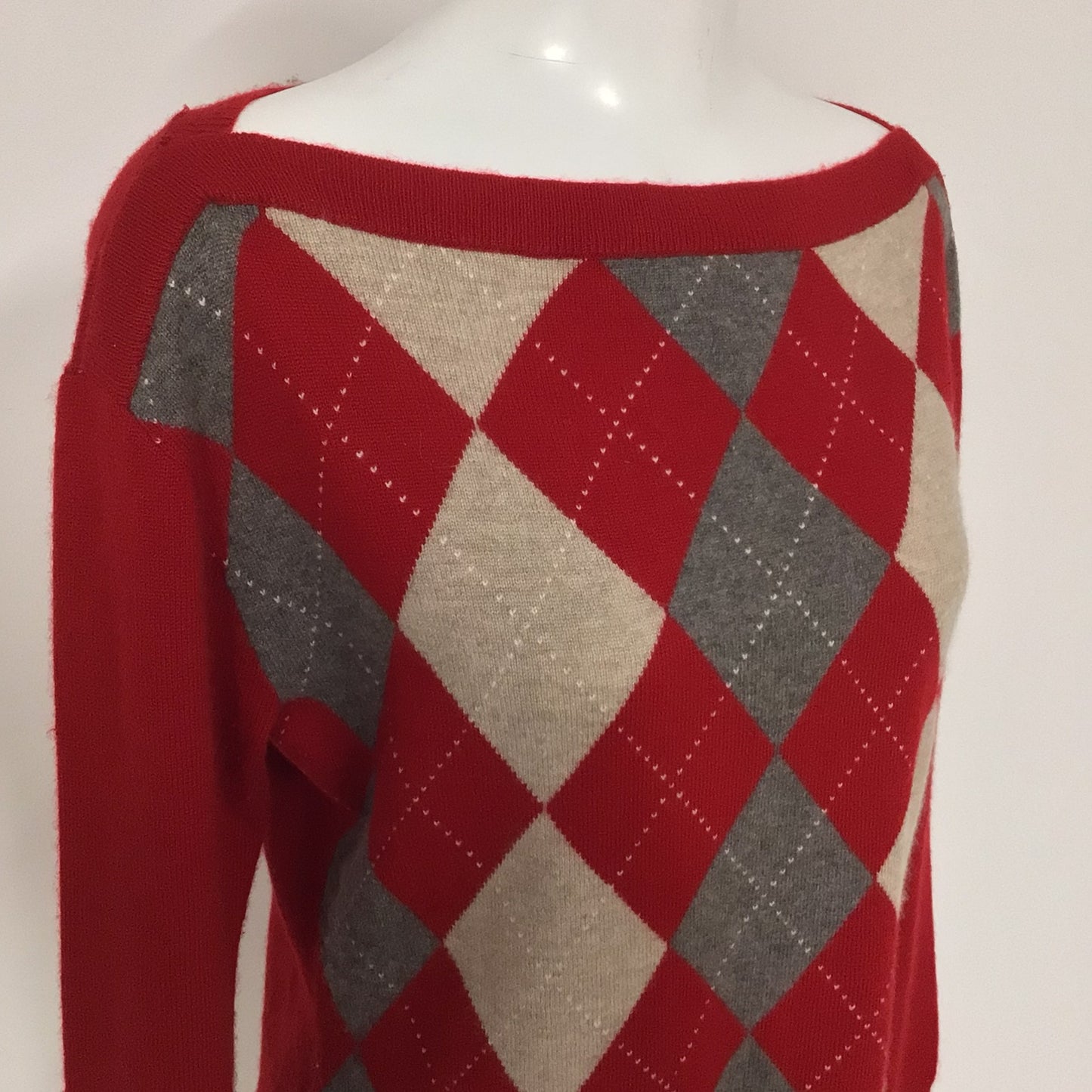 Banana Republic Red Boat Neck Jumper w/Diamond Pattern 100% Cashmere Size L