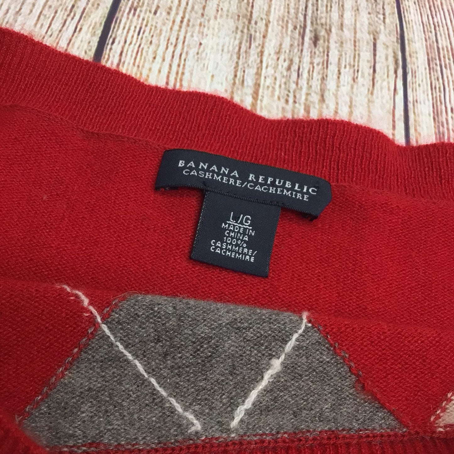 Banana Republic Red Boat Neck Jumper w/Diamond Pattern 100% Cashmere Size L