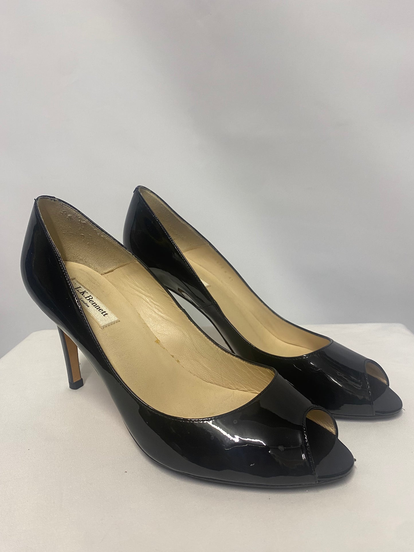 L K Bennett Black Patent Peep To Stiletto Heel 8/41