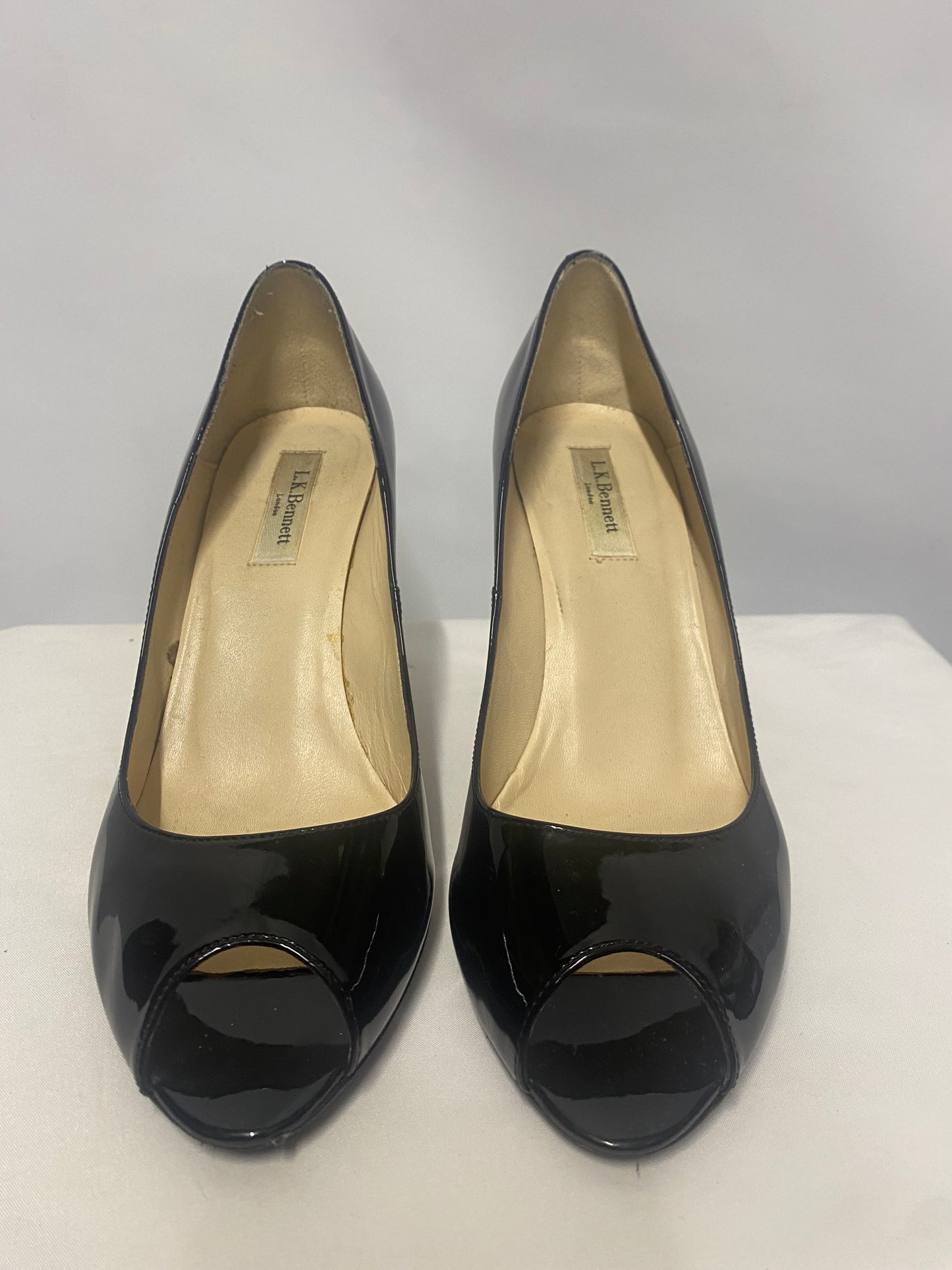 L K Bennett Black Patent Peep To Stiletto Heel 8/41