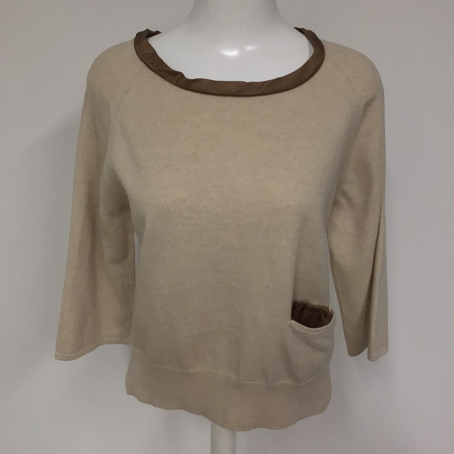 Toast Cream/Beige & Brown Merino Wool 3/4 Sleeve Top w/Silk Trim Size 14