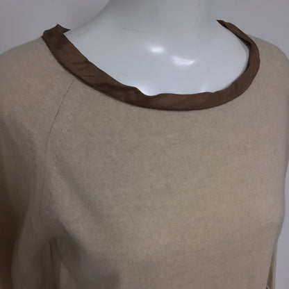 Toast Cream/Beige & Brown Merino Wool 3/4 Sleeve Top w/Silk Trim Size 14