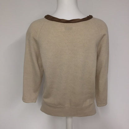 Toast Cream/Beige & Brown Merino Wool 3/4 Sleeve Top w/Silk Trim Size 14