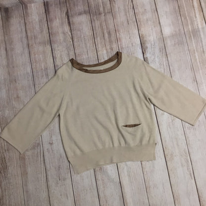 Toast Cream/Beige & Brown Merino Wool 3/4 Sleeve Top w/Silk Trim Size 14