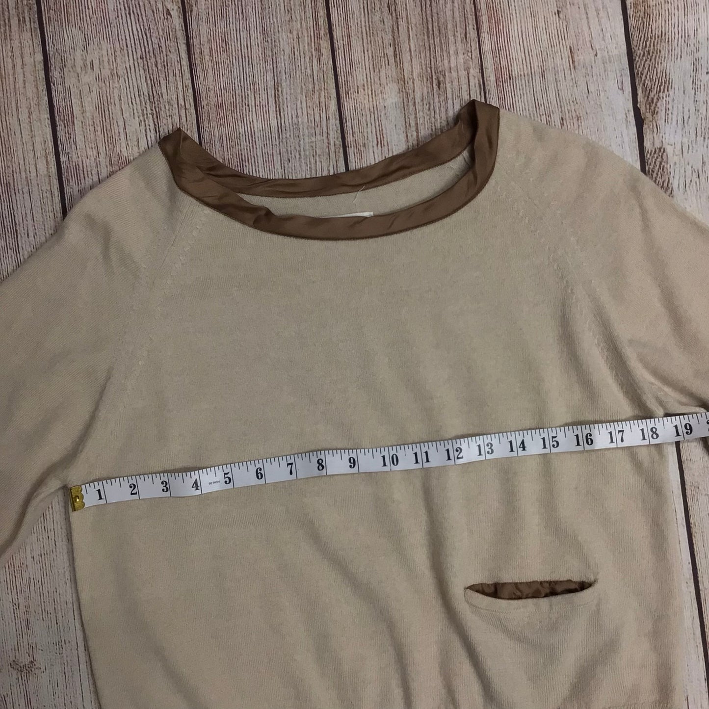 Toast Cream/Beige & Brown Merino Wool 3/4 Sleeve Top w/Silk Trim Size 14